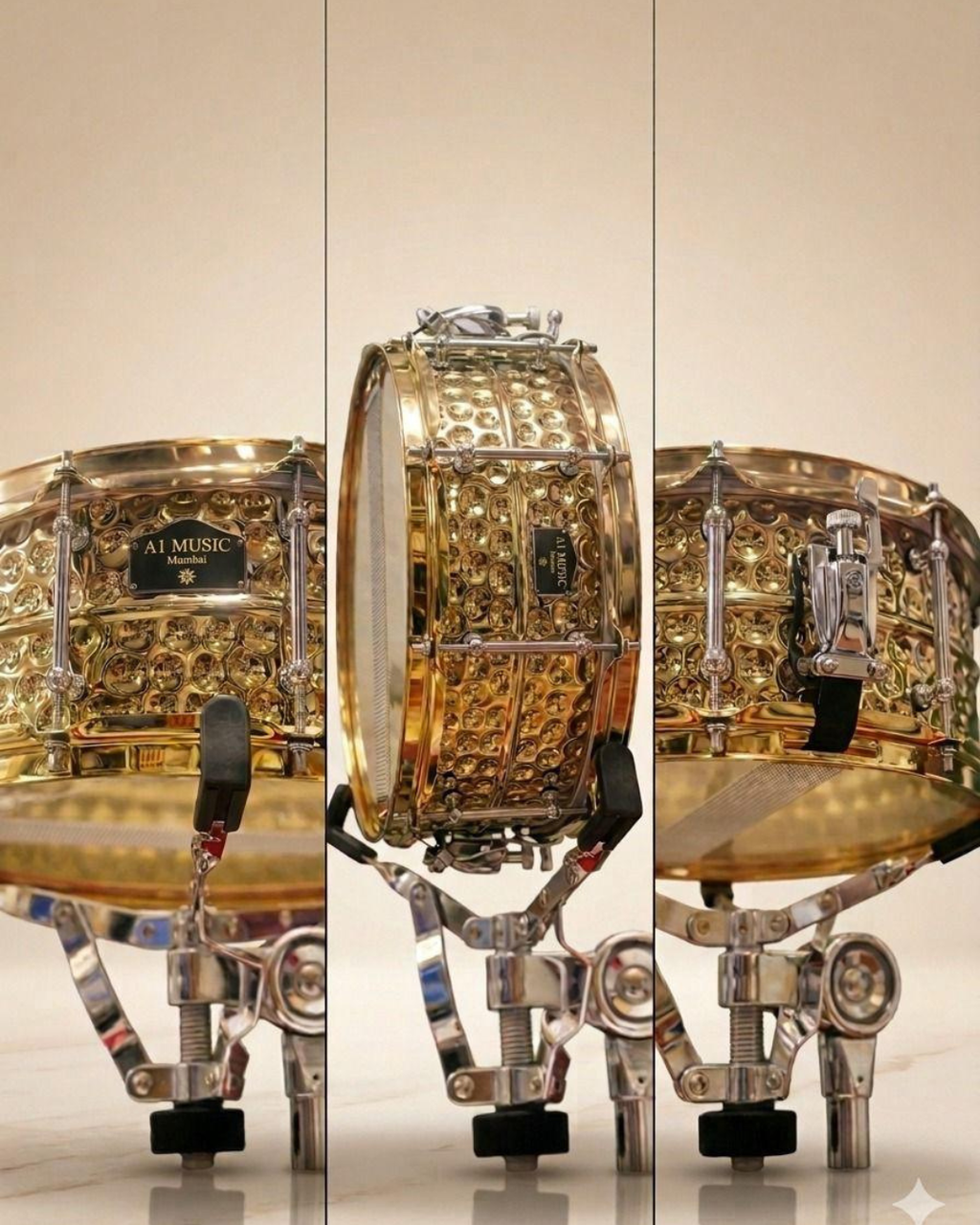 A-1 Music Golden Hammered Imported Snare Drum with Bag, Tuning Key & Sticks