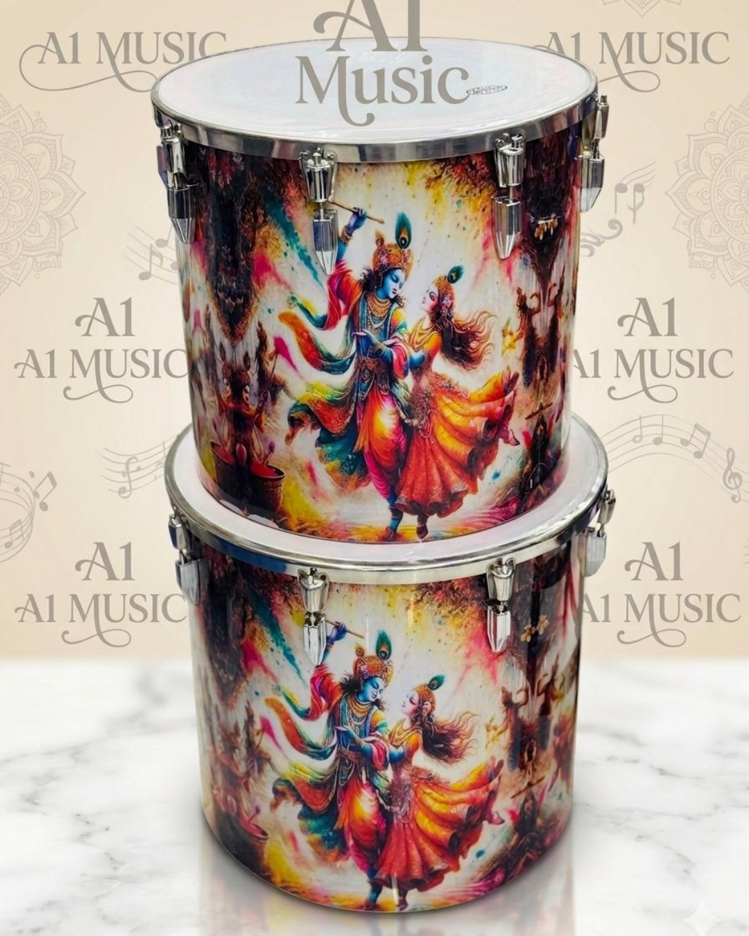 A-1 Music Radha Krishna Designer Conset Drum Set with SS Stand, Bag & Sticks
